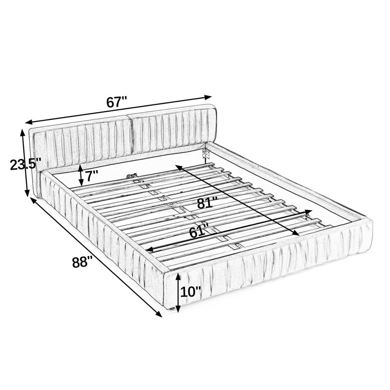 Grand lit moderne avec revêtement et tête de lit en chenille beige, conception plissée pour une chambre relaxante, panneau de particules massif, assemblage rapide, structure, tissu épais, conception, support, simple