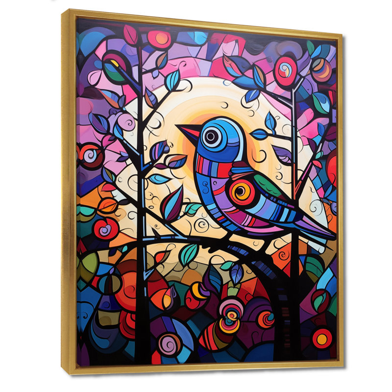 Vitrail oiseau chantant sur une branche Pop Art - impression d'art mural oiseau, Cadre flottant doré