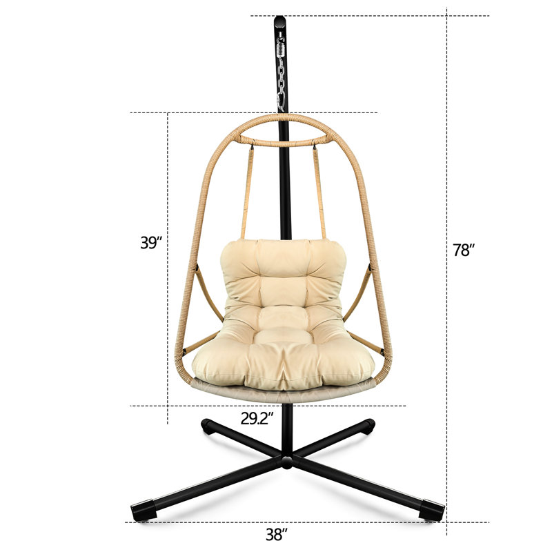 Fauteuil suspendu de patio avec support, fauteuil œuf suspendu, design, siège confortable, pliable pour le rangement, facile à transporter, panier ergonomique pour la plage, l'intérieur et l'extérieur, coussins inclus, solution gain de place.