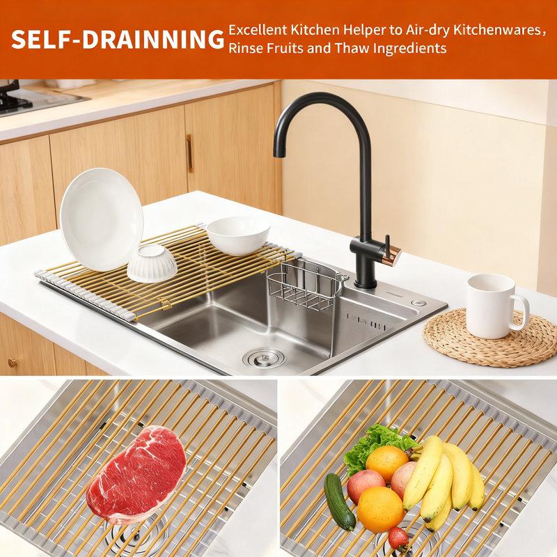 Extra Large Roll-Up Dish Drying Rack, Stainless Steel Over The Sink Dish Drainer For Kitchen Countertop Space Saving And Organization