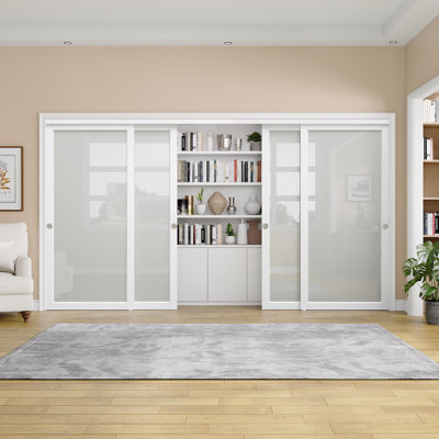 144"x 80" White 1-Panel Frosted Glass Sliding Door with Hardware Kit for Closet and No Assembly Required For Closet,Pantry,Living room
