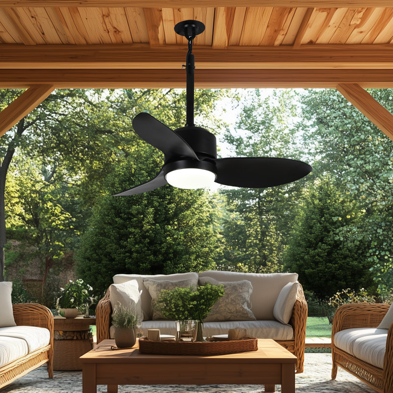 Ventilateur de plafond d'extérieur 34 po avec lumière DEL 3 couleurs à intensité variable SUTEFAN, étanche IP65 pour les pavillons de jardin, moteur à courant continu silencieux à 6 vitesses et fonction réversible, télécommande pour patio, style industriel
