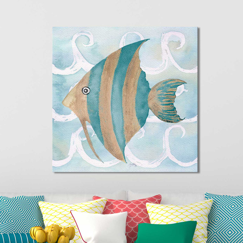«Sea Creatures on Waves IV», reproduction de peinture à l'aquarelle, H 18 po x l 18 po x P 1 po, Toile tendue