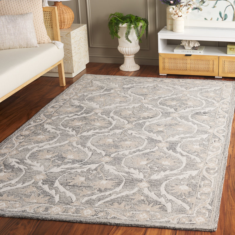 Tapis gris / ivoire en laine et coton touffeté Tyrona, Rectangle 5 pi x 8 pi
