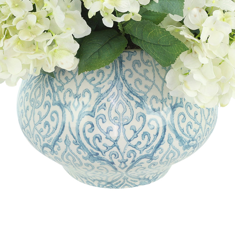 Hydrangea Floral Arrangement In A Decorative Ceramic Vase, White