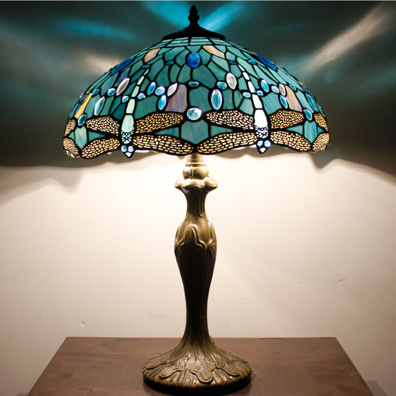 Sea Blue Stained Glass Dragonfly Table Lamp with Antique Bronze Base