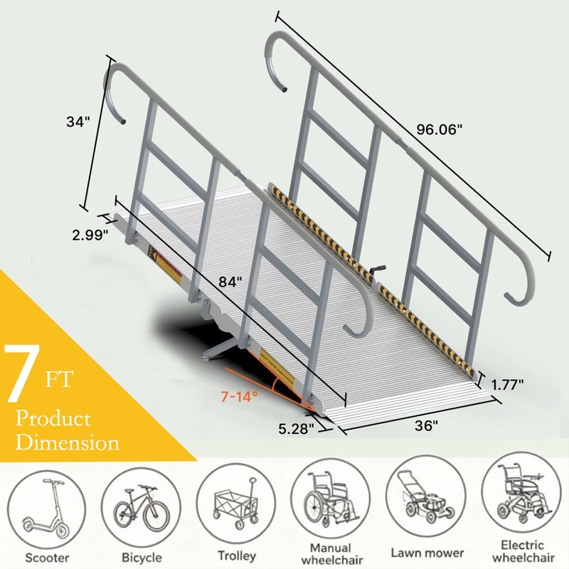Rampe pour fauteuil roulant en aluminium 3/4 5/7/8/10 pi avec rampes, rampe antidérapante robuste de 1200 lb pour les marches à domicile
