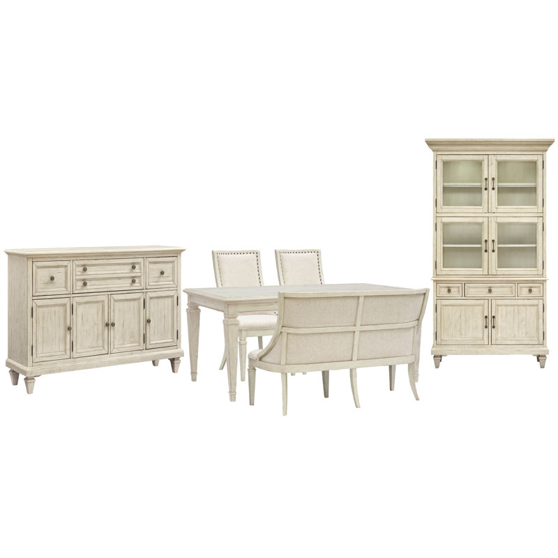 Extendable Rectangular Dining Table With 2 Arm Chairs Upholstered Bench Buffet And Dining Cabinet