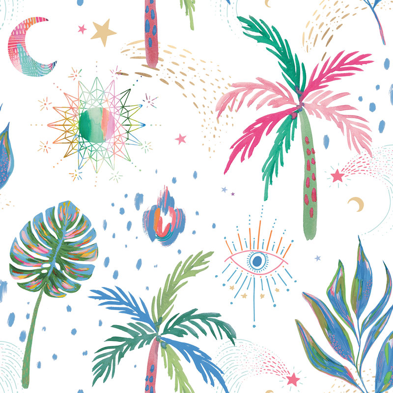 EttaVee Nuit Tropicale Peel and Stick Wallpaper, White Multi