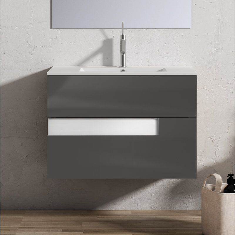 Ensemble de meuble-lavabo mural simple 40 po Malika, Gris et blanc