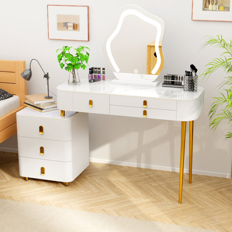 Coiffeuse de maquillage, coiffeuse avec miroir lumineux, gradation à écran tactile 3 couleurs, commode de chambre à coucher pour meubles de chambre à coucher