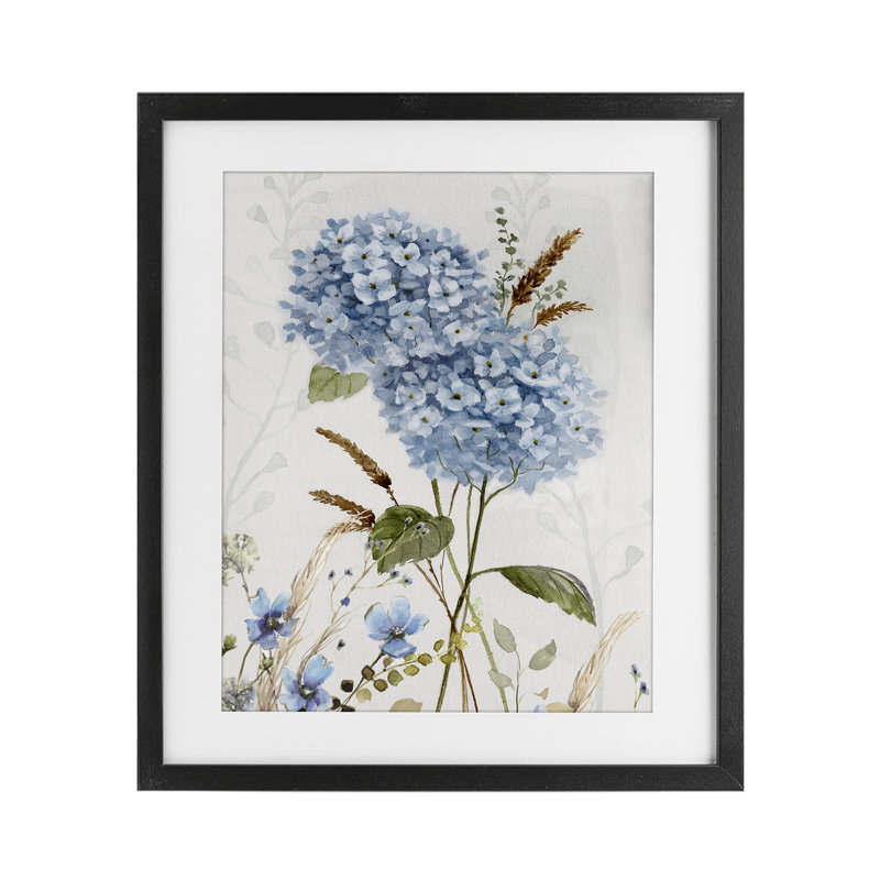 Blue Hydrangea Allure Framed Print Under Glass, design by Nan, Midnight Black Frame, 16" H x 13" W