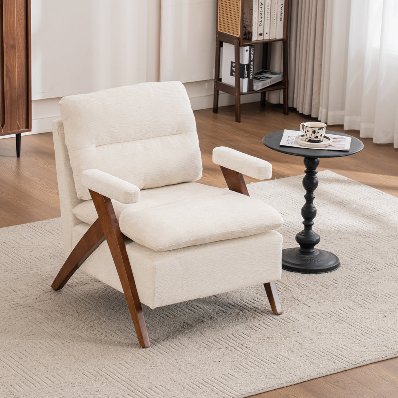 Mid Century Upholstered Arm Accent Chair with Solid Wood Legs, Ivory