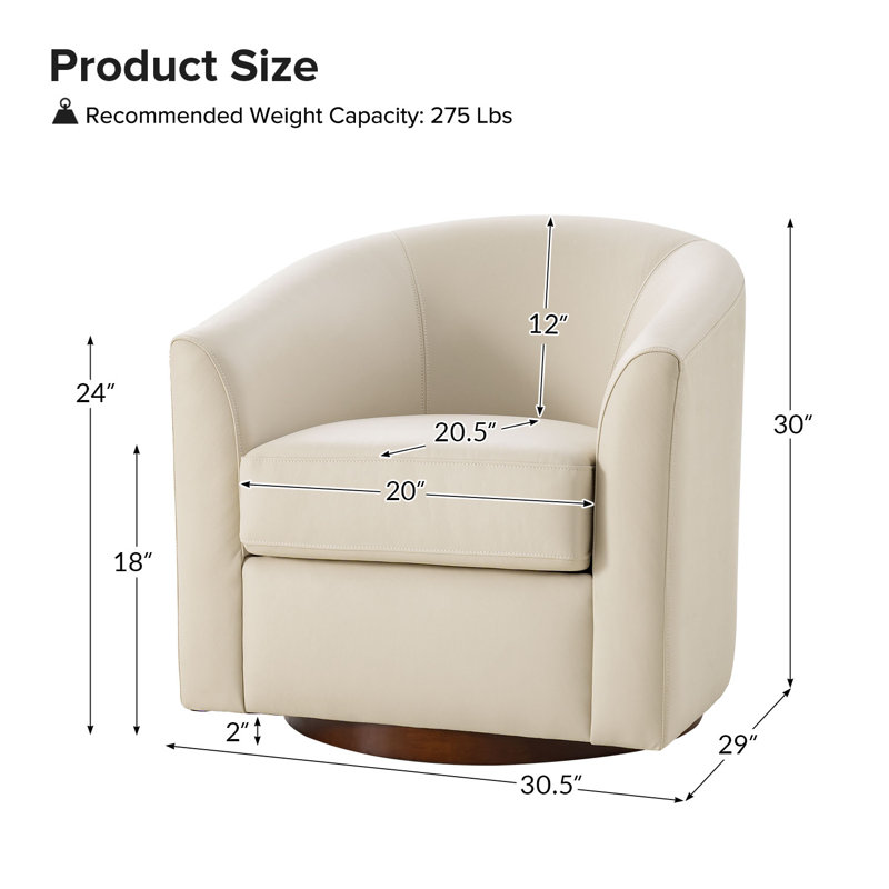 Fauteuil demi-tonneau pivotant en cuir véritable de 30,5 po de large Amiir avec base en bois massif, Beige