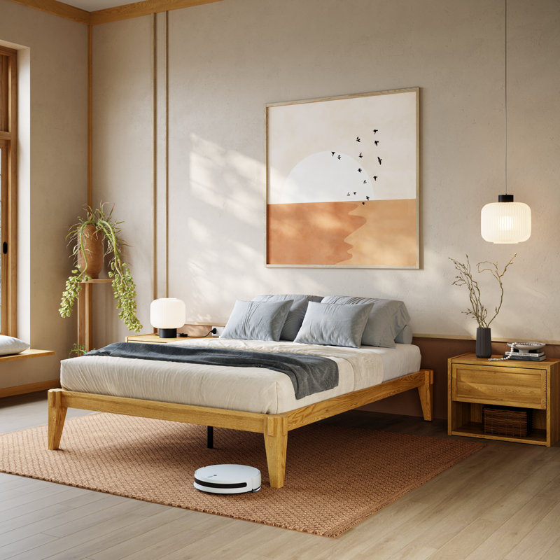 Jamerian Solid Wood Platform Bed Frame Without Headboard, Modern Bed, Full, Natural