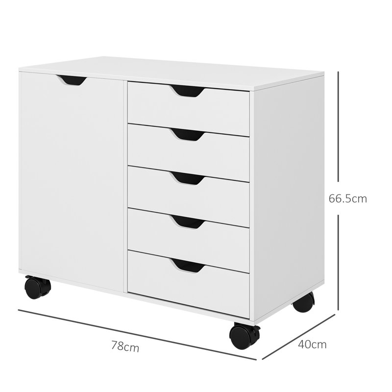 Rehanna Modern Mobile 5-Drawer Cabinet w/ Door, Office Storage Cabinet White