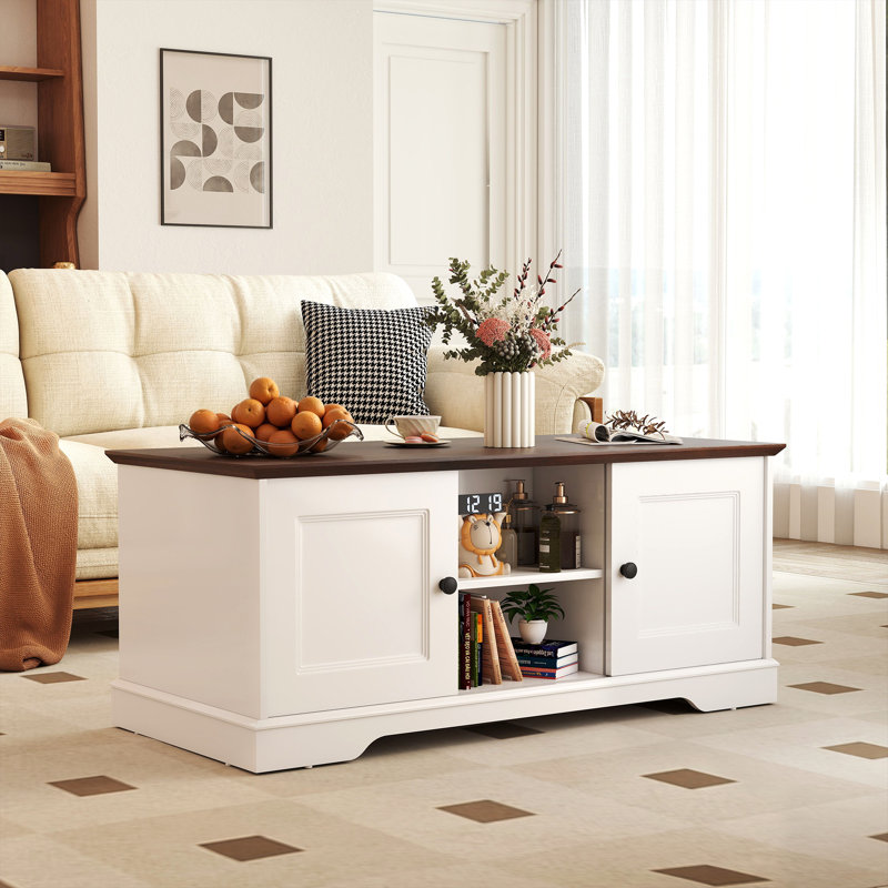 Coffee Table With 4 Sliding Doors, Symmetrical Design, Multifunctional Storage Cabinet