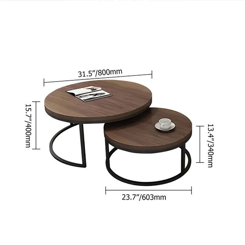 Banvra 2-piece Round Nesting Tables Modern Wood Gray & Black Round Nesting Coffee Table for Living Room, Walnut