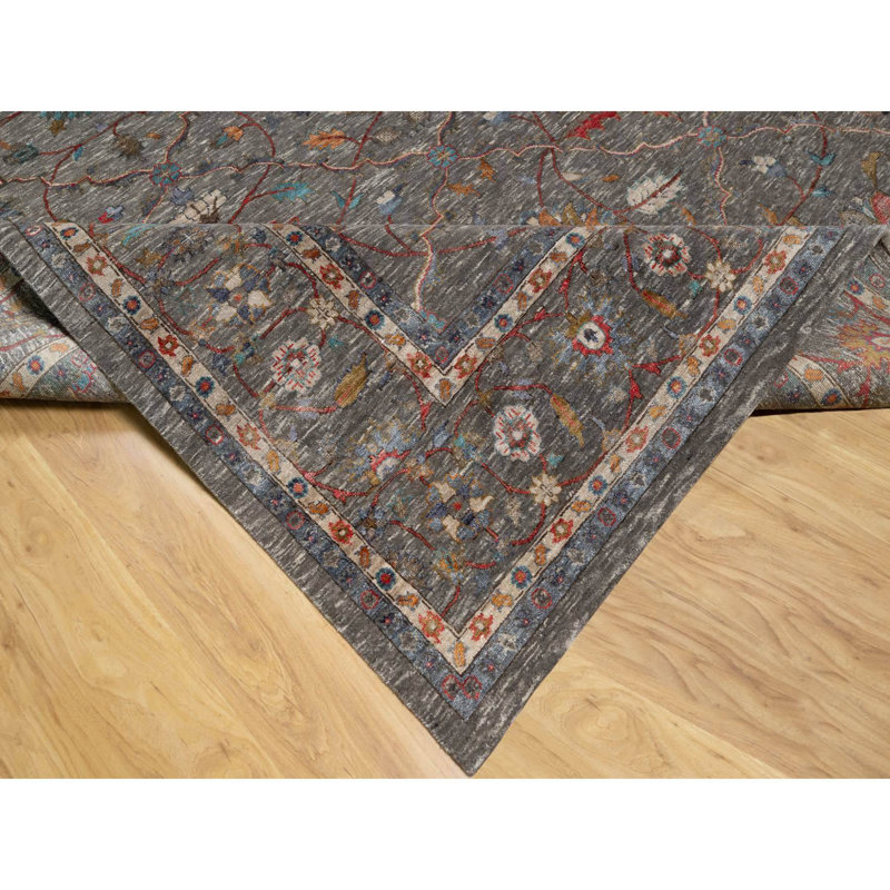 8'11" x 12'1" Brunette Brown Scrolls Leaf Design Hand Knotted Silk and Wool Rug