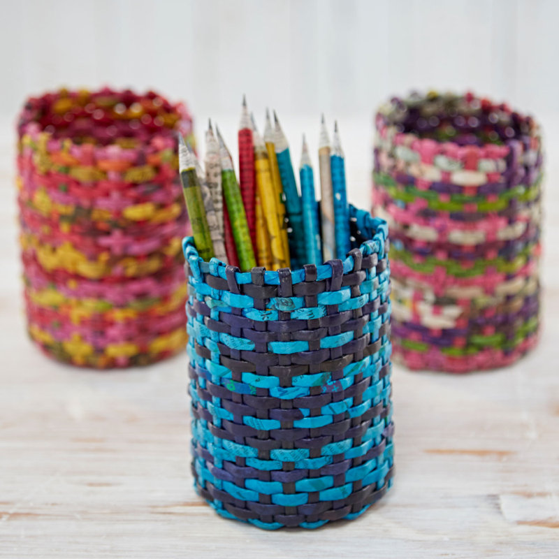 Round Recycled Newspaper Pencil Holder, Blue