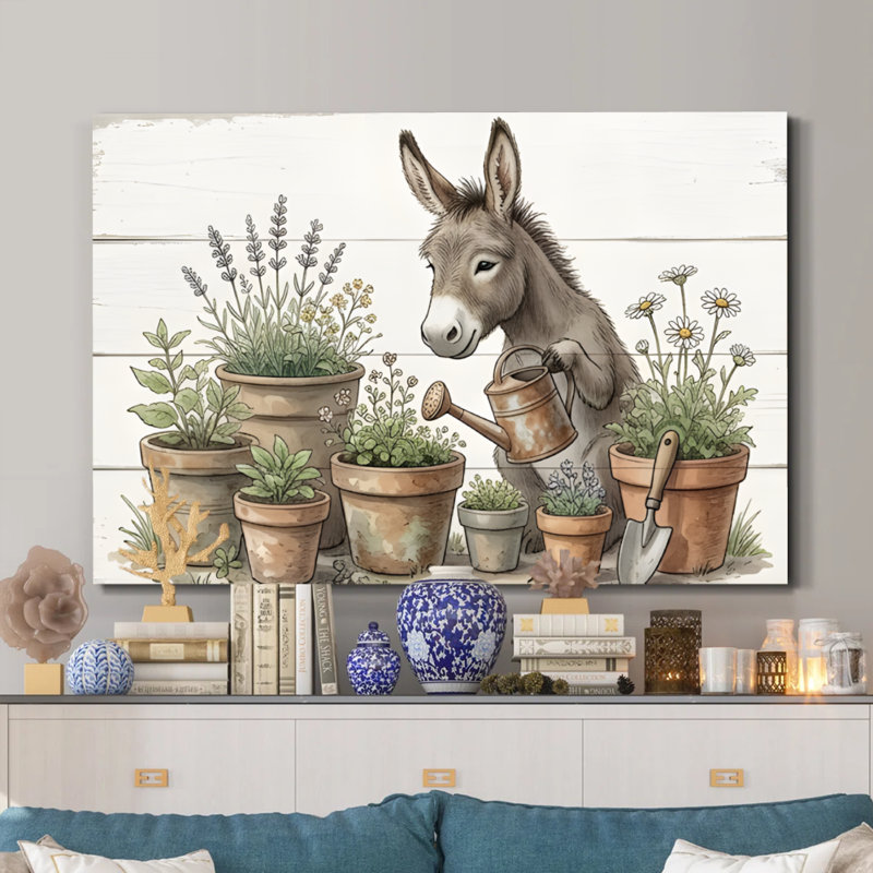 «Gardening Donkey», art sur toile aquarelle fantaisiste