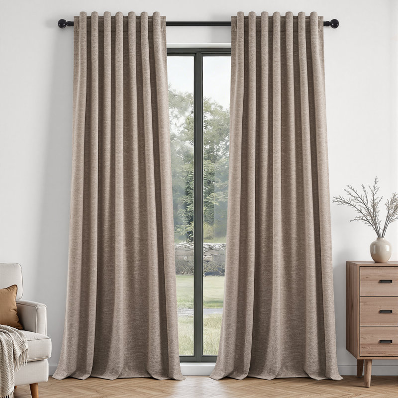 Linen Blackout Curtains, Pinch Pleat Back Tab Full Blackout Drapes Farmhouse Boho Curtains for Window,(Set of 2,With Hooks and Rings)