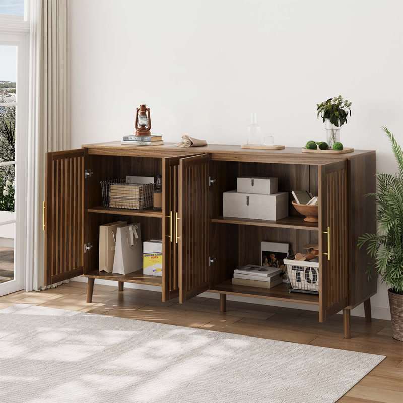 Buffet de 63 pouces en noyer avec rangement, buffet à 4 portes à rayures grillagées, armoire d'appoint multifonctionnelle pour salle à manger, salon, entrée, cuisine