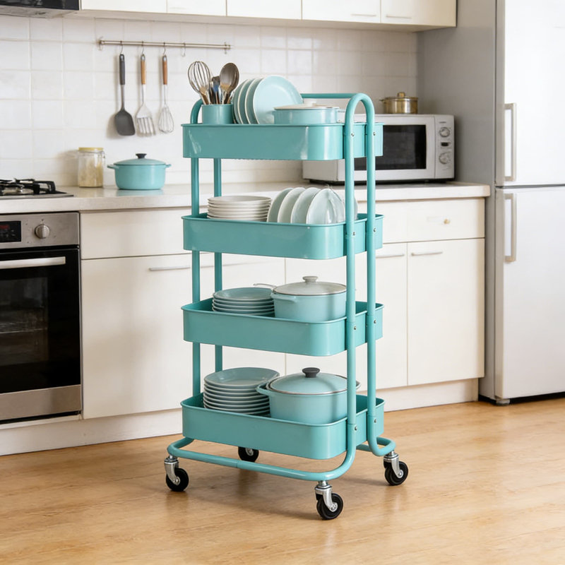 4-Tier Rolling Storage Cart With Baskets, Heavy-Duty Metal Organizer With Wheels For Kitchen, Office, Bathroom, And Studio