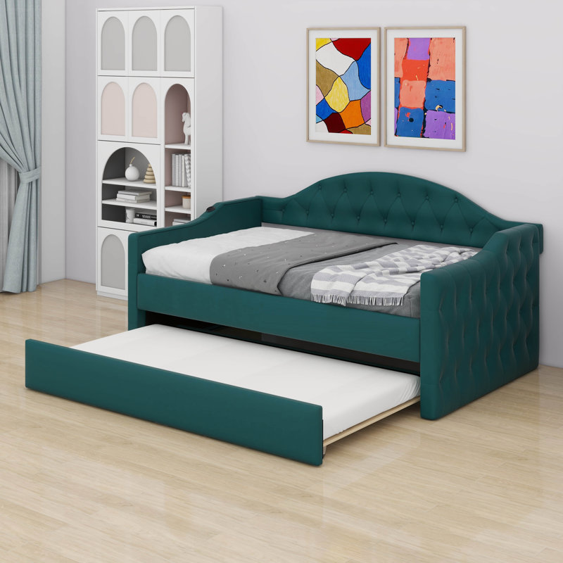 Twin Size Upholstered Daybed With Trundle,Velvet Sofa Bed With USB Ports And Wood Slats Supports,Button Tufted Backrest And Armrest, No Box Spring Needed