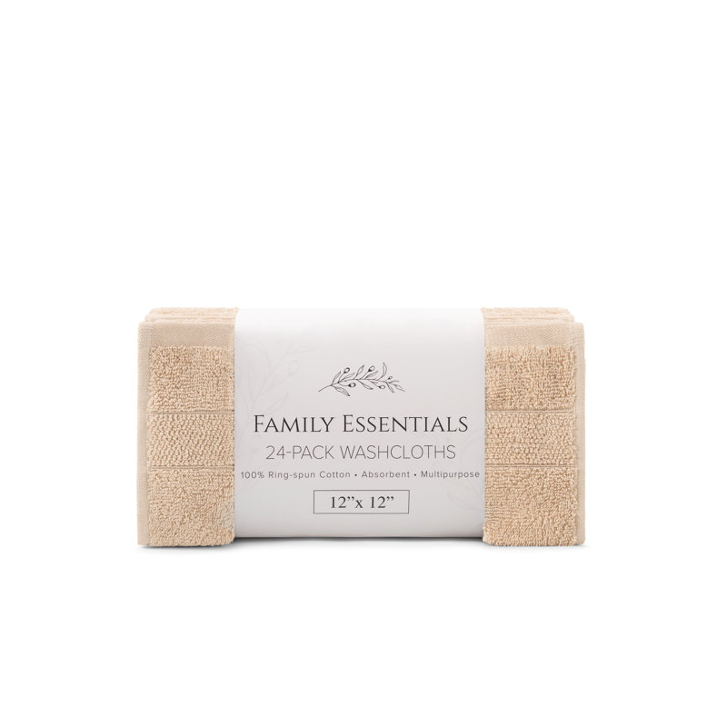 Family Essentials Washcloths (Pack of 24), 12x12, Cotton, Beige