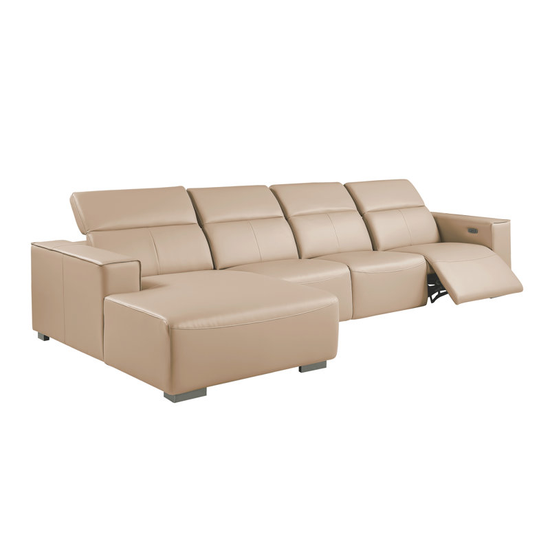 Canapé modulaire en L 4 pièces en cuir véritable BEIGE faisant face à la gauche avec 1 fauteuil inclinable électrique et appuis-tête réglables