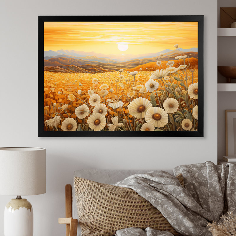 Radiant Golden Blooming Meadow II sur toile, Cadre simple noir, H 16 po x l 32 po x P 1 po