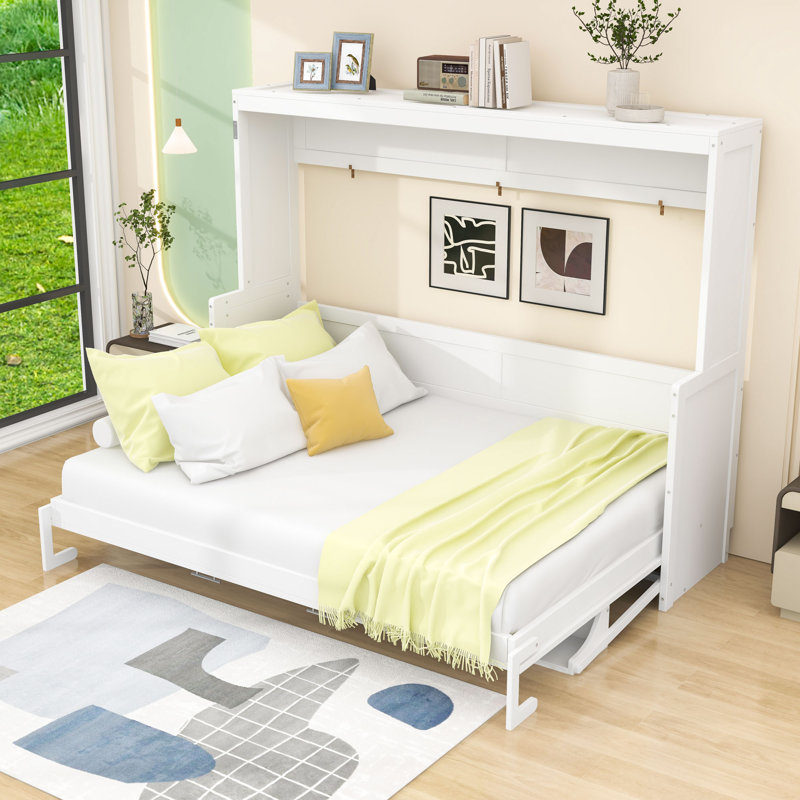 Lit escamotable en bois avec tablettes, Blanc, Grand