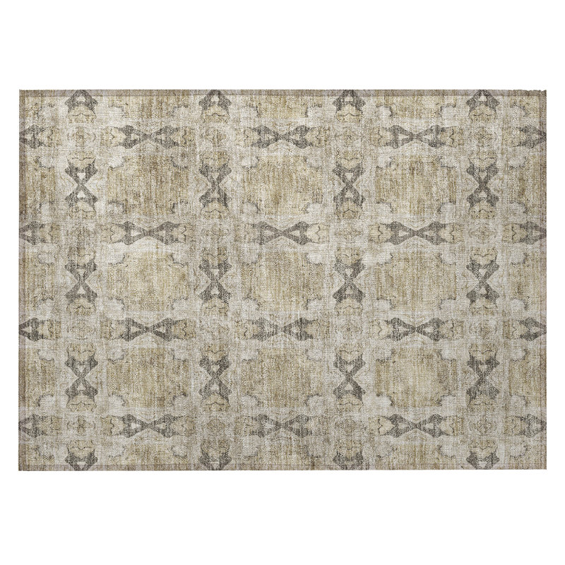 2' X 3' Beige and Gray Floral Medallion Washable Non Skid Indoor Outdoor Area Rug