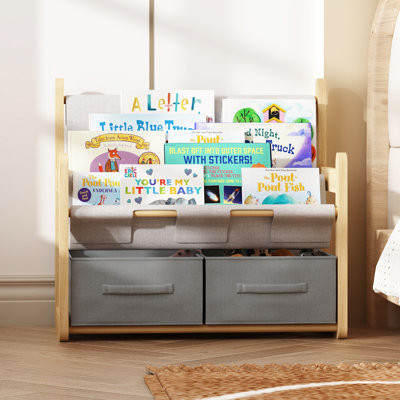 Bibliothèque pour enfants en bois massif, L 19,7 po x l 11,8 po x H 17,7 po, bibliothèque Montessori équipée de 2 tablettes en toile, 2 boîtes de rangement pour jouets
