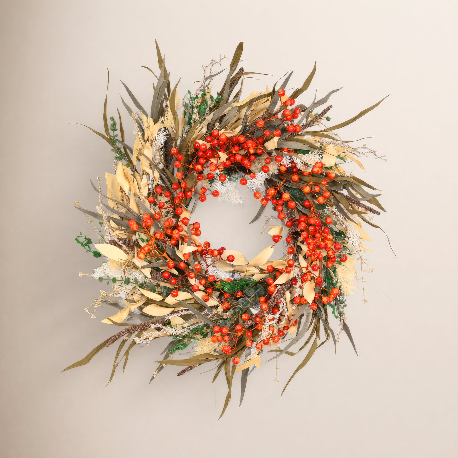 24" Artificial Bohemian Fall Harvest Blossom Cluster Pampas Grass Berry Front Door Wreath For Thanksgiving Day, Orange