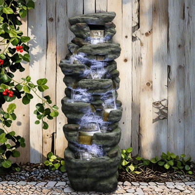 51" Rock Floor Fountain With Cascading Water & White Led Lights, Tranquil Outdoor Water Feature For Garden, Patio, Yard & Deck