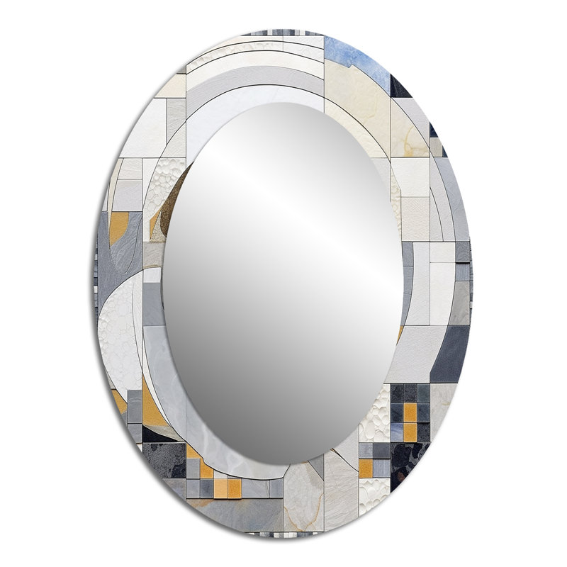 Grey And Yellow Mosaic III - Abstract Oval Decorative Mirror On Metal, 40" x 30"