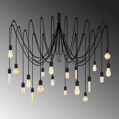 Modern Industrial Chandelier, Adjustable Height, Black Metal Body, 102 cm (40.2 in) Height, 16 cm (6.3 in) Base Plate | 20 x E27 Sockets, Max 40W | Stylish Lighting for Home & Office, IP20 Rated