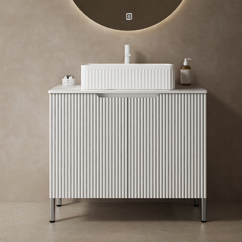 Meuble-lavabo autoportant de 30 po de largeur avec comptoir en pierre frittée blanc de Carrare, Blanc, Blanc