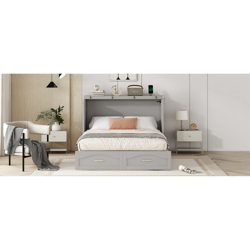 Full Size Grey Bed With Sockets & Ports, Drawer And Pulley, Great For Compact Home Gym Areas Drawer, Pulley Structure Guest Room Space Functionality