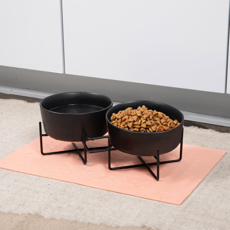 Matte Black Ceramic Double Dog Feeder with Stand