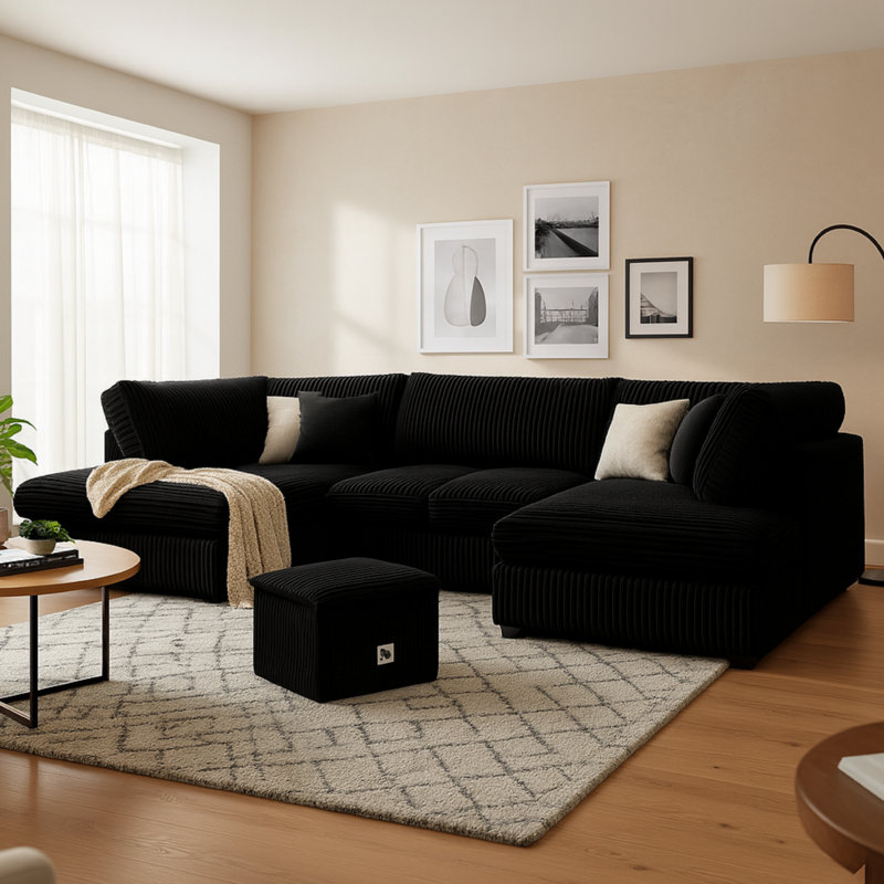5 Seater Corduroy Corner Sofa , Black