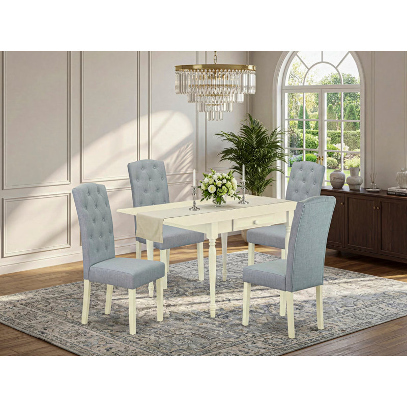 5 Piece Dining Table Set Includes a Rectangle Kitchen Table with Dropleaf and 4 Baby Blue Linen Fabric Upholstered Chairs, Linen White