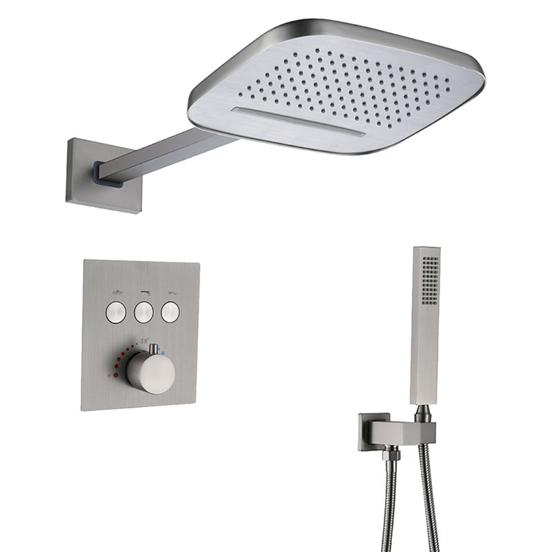 8.23*9.92" Two Functions Rainfall Shower Head with Hand Shower, Solid Brass Thermostatic Shower Set with Rough-in Valve