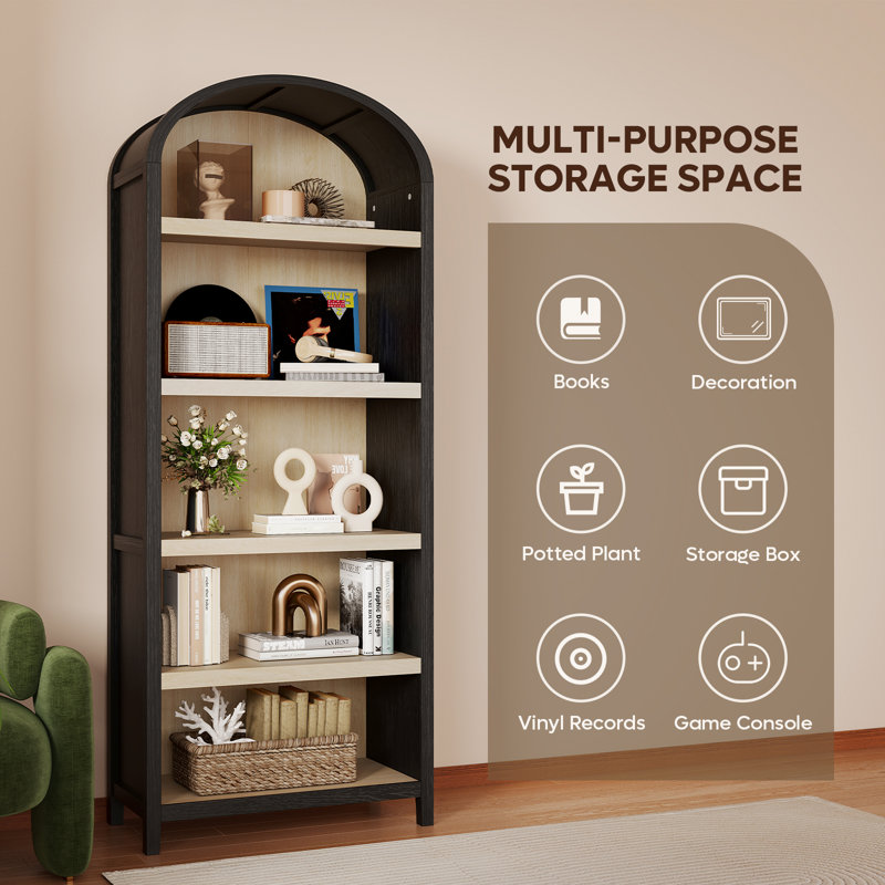 Onetha 76''H Curved Arch 5-Shelf Bookcase, Black