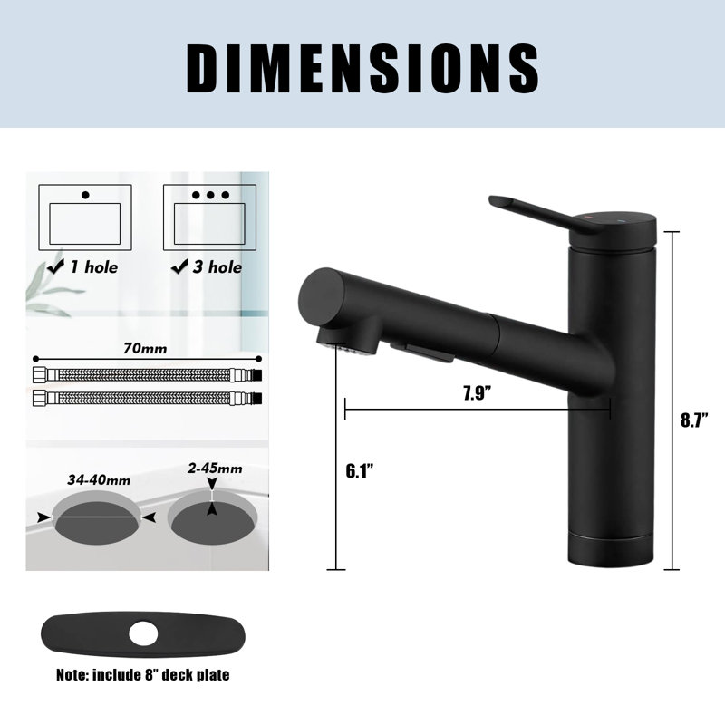 Low Profile Kitchen Faucet With Pull-Out Spray Nozzle, Single Handle, Short Kitchen Faucet, Low Arc Faucet, Black