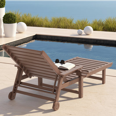 HDPE Outdoor Chaise Lounge,Adjustable 5-Position Backrest, HDPE Lounge Chair with Wheels & Cup Holder for Pool Deck Backyard, Brown