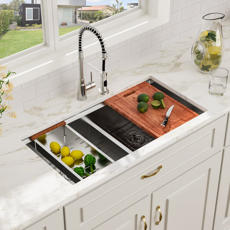 Évier de cuisine encastré à double cuve en acier inoxydable de 36 po x 19 po à double cuve 50/50 avec passoire, planche à découper, crépine et égouttoir à vaisselle