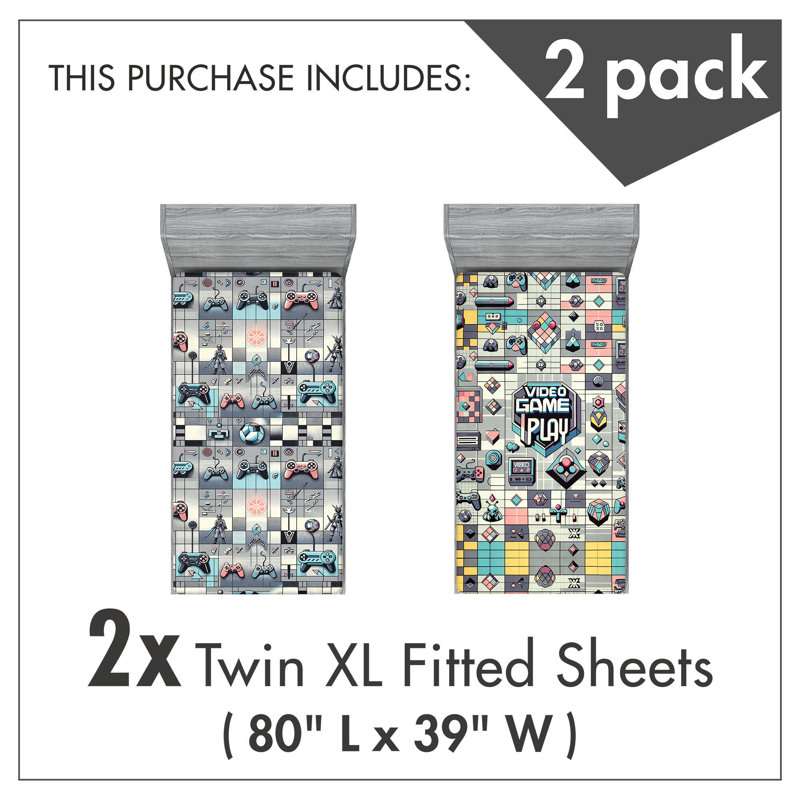 Twin XL Blue Microfiber Gamer Print Fitted Sheet Set